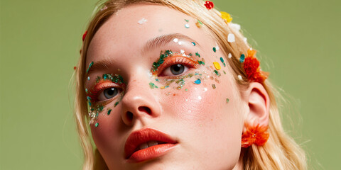 A young Caucasian woman with long blonde hair and colorful floral makeup. She has glitter on her face and a serene expression against a green background.