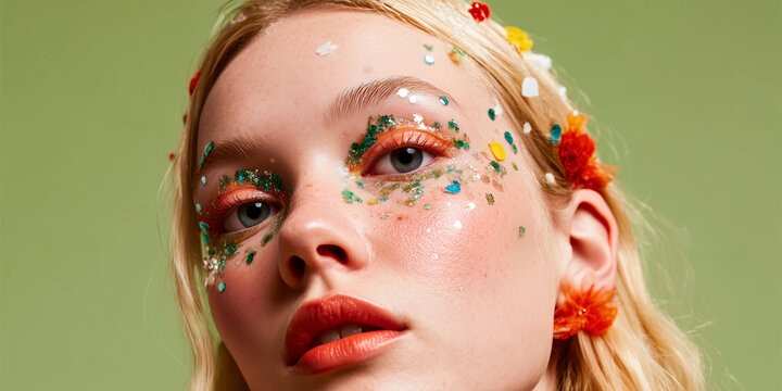 A young Caucasian woman with long blonde hair and colorful floral makeup. She has glitter on her face and a serene expression against a green background.