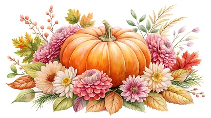 a vibrant pumpkin surrounded by colorful flowers, capturing the essence of autumns beauty and the seasons warm hues