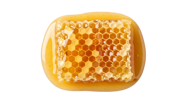 A piece of honeycomb filled with golden honey, isolated on a transparent background