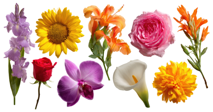 Colorful array of blossoms, including sunflowers, roses, lilies, orchids, and more