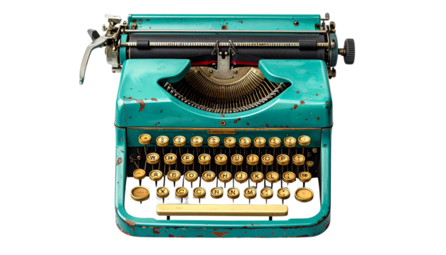 Turquoise Vintage Typewriter Isolated on Transparent Background