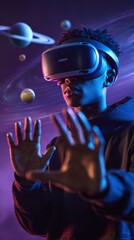 Young Black man using VR headset with planets floating around him