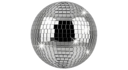 A classic silver disco ball, a symbol of dance and celebration, isolated on a transparent background, reflecting light and creating a festive atmosphere