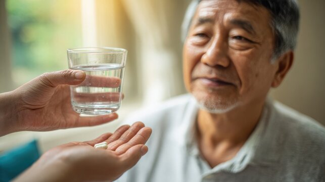 Elderly Asian man receiving medication with glass of water indoors - Powered by Adobe