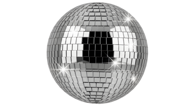 A classic silver disco ball, a symbol of dance and celebration, isolated on a transparent background, reflecting light and creating a festive atmosphere