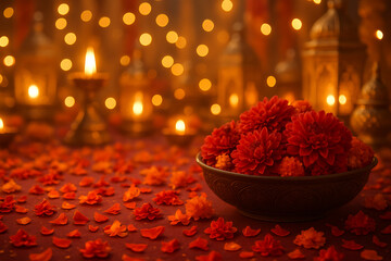 close up shot of a beautiful bowl full of red marigold flowers and petals on a floor with festive lights durga puja diwali