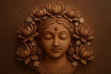 Fototapeta premium a beautifully detailed embossed image of a serene goddess durga face with closed eyes surrounded by a wreath of lotus flowers for a peaceful durga puja