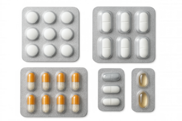 Four blister packs containing different pills and capsules lying on a transparent background, creating a medical and pharmaceutical concept