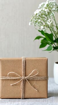Timelapse of gift package unwrapping with blooming floral backdrop