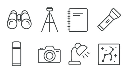 Hiking gear silhouette icons set. featuring binoculars, camera, tripod, flashlight, thermos, notebook, lamp, constellation.