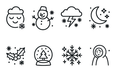 Winter and holiday silhouette icon set. featuring snowman, cloud, moon, holly, snow globe, snowflake, person.