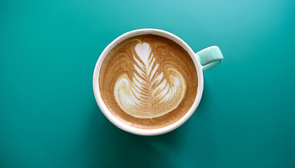 light teal background with a cup of latte art