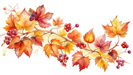 watercolor autumn branch with colorful leaves and berries, a beautiful seasonal decoration
