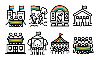 Pride celebration linear icon set. featuring parade, concert, festival, unity, community, and inclusivity symbols.