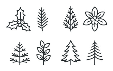 Nature linear icon set. featuring holly, pine, spruce, flower, leaves, and trees.