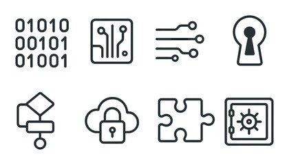 Cybersecurity linear icon set. featuring binary code, circuit, keyhole, cloud lock, puzzle, and safe symbols.
