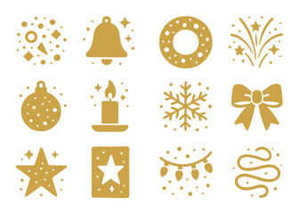 Christmas silhouette icon set. featuring bell, wreath, fireworks, bauble, candle, snowflake, bow, star, gift, lights, ribbon.