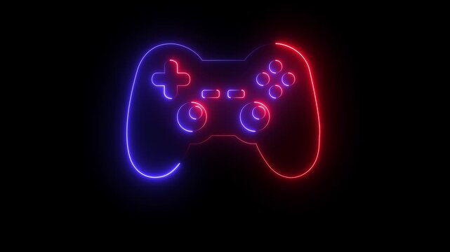 Glowing colorful neon line Gamepad icon isolated on black background. Game station controller, play console, joypad for video games. Game pad icon Game controller. Digital Game play 4k animation.