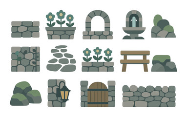 Garden elements flat icon set. featuring wall, flowerbed, arch, fountain, stone path, bench, lantern, gate.