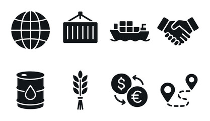 Global trade silhouette icon set. featuring globe, container, ship, handshake, barrel, wheat, currency, location.