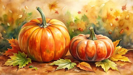 Watercolor autumn pumpkins with falling leaves create a cozy seasonal scene, perfect for thanksgiving and fallthemed decorations