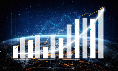 A digital graph overlaying a view of Earth showcases financial growth trends, emphasizing the connection between data analysis and global markets. Impute