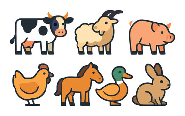 Farm animals flat icon set. featuring cow, goat, pig, chicken, horse, duck, rabbit symbols.