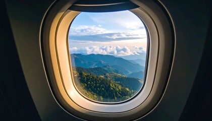 Airplane window view of mountains and clouds