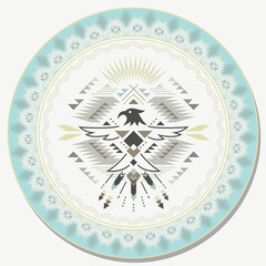 Indian rug with eagle. Southwest American, Navajo print.
Round ornament pattern.	