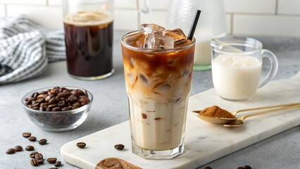 Refreshing Iced Coffee Beverage with Milk and Coffee Beans on a Marble Surface for a Summery Treat.