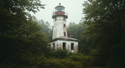 Historic Lighthouse Hidden in a Misty Forest.