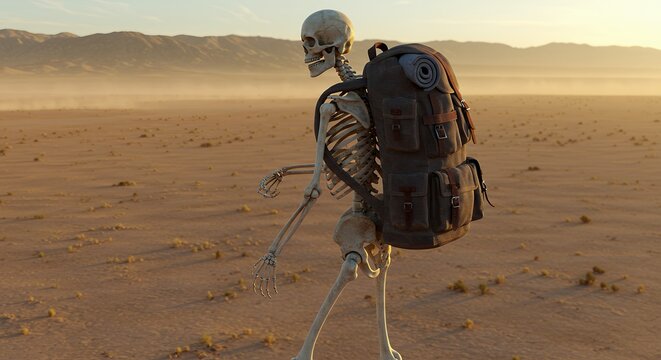 Skeleton backpacker desert landscape - Powered by Adobe