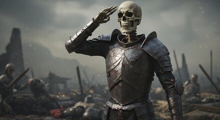 Skeleton soldier saluting in battlefield scene
