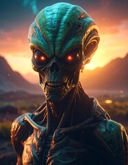 Alien figure, menacing stare, dramatic sunset