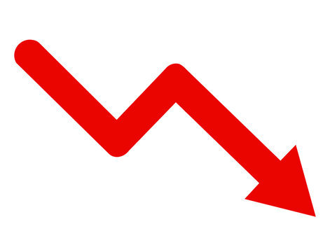 A red arrow pointing downwards in a zigzag pattern, isolated on a transparent background, representing a sharp decline or negative trend, often used to signify financial loss or economic downturn