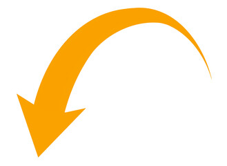 A vibrant orange arrow curves downwards, signifying decline, decrease, and failure, isolated on a pure transparent background, representing negative trends and setbacks in various contexts