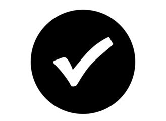 A white check mark symbol inside a solid black circle, representing a positive confirmation or completion of a task, isolated on a transparent background