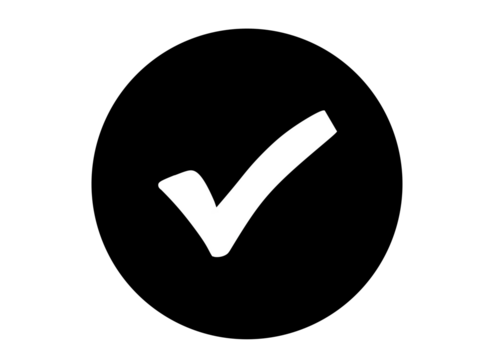 A white check mark symbol inside a solid black circle, representing a positive confirmation or completion of a task, isolated on a transparent background