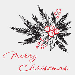 Hand-drawn sketch of a decoration with pine branches and holly berry, symbolizing a gift or holiday celebration. Vector sketch illustration in vintage retro style. Christmas decoration, greeting card