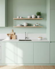 Minimalist Mint Green Kitchen with Floating Shelves and Bright Atmosphere
