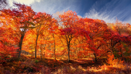 Fototapeta premium Vibrant Autumn Forest Scene With Colorful Trees Ablaze In Shades Of Orange And Red