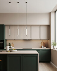 Contemporary Dark Green and Beige Kitchen with Minimalist Pendant Lighting