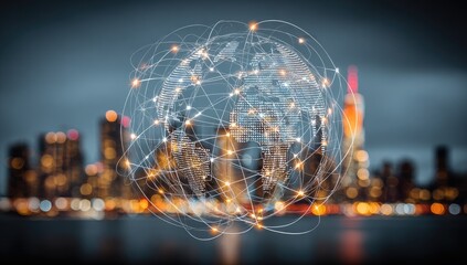 Global connectivity network depicted over a blurred cityscape at night, showcasing interconnectedness and digitalization.
