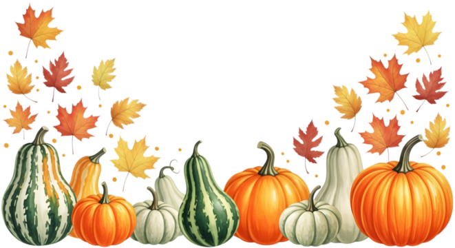 A vibrant collection of various pumpkins and gourds with autumn leaves, isolated on a transparent background