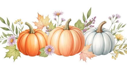 Naklejka premium Three pumpkins and floral arrangement with leaves isolated on transparent background