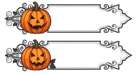 Two decorative halloween banners featuring carved pumpkins and ornate scrollwork, isolated on transparent background