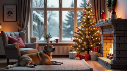 Cozy Christmas evening by the fireplace with the dog - Powered by Adobe