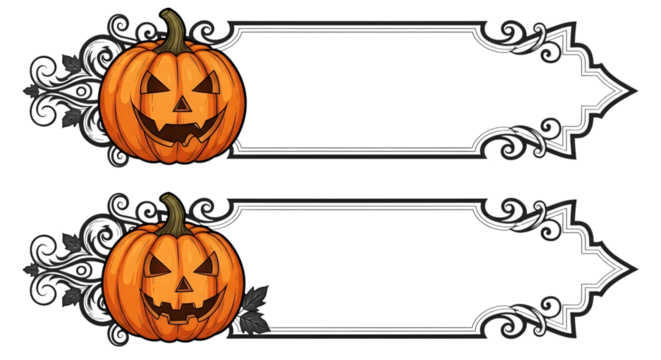 Two decorative halloween banners featuring carved pumpkins and ornate scrollwork, isolated on transparent background