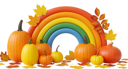 A vibrant rainbow arch behind a collection of assorted pumpkins and autumn leaves, isolated on transparent background
